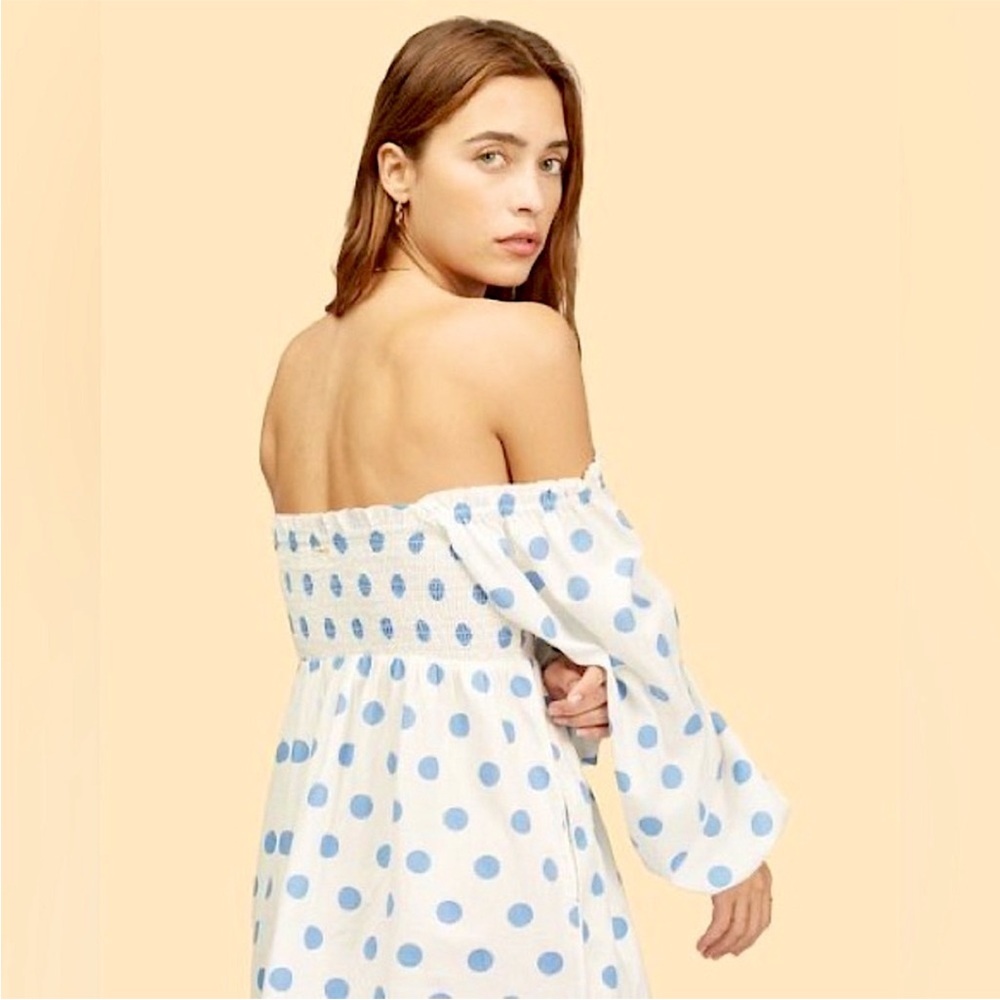 Off-Shoulder White and Blue Polka Dot Dress